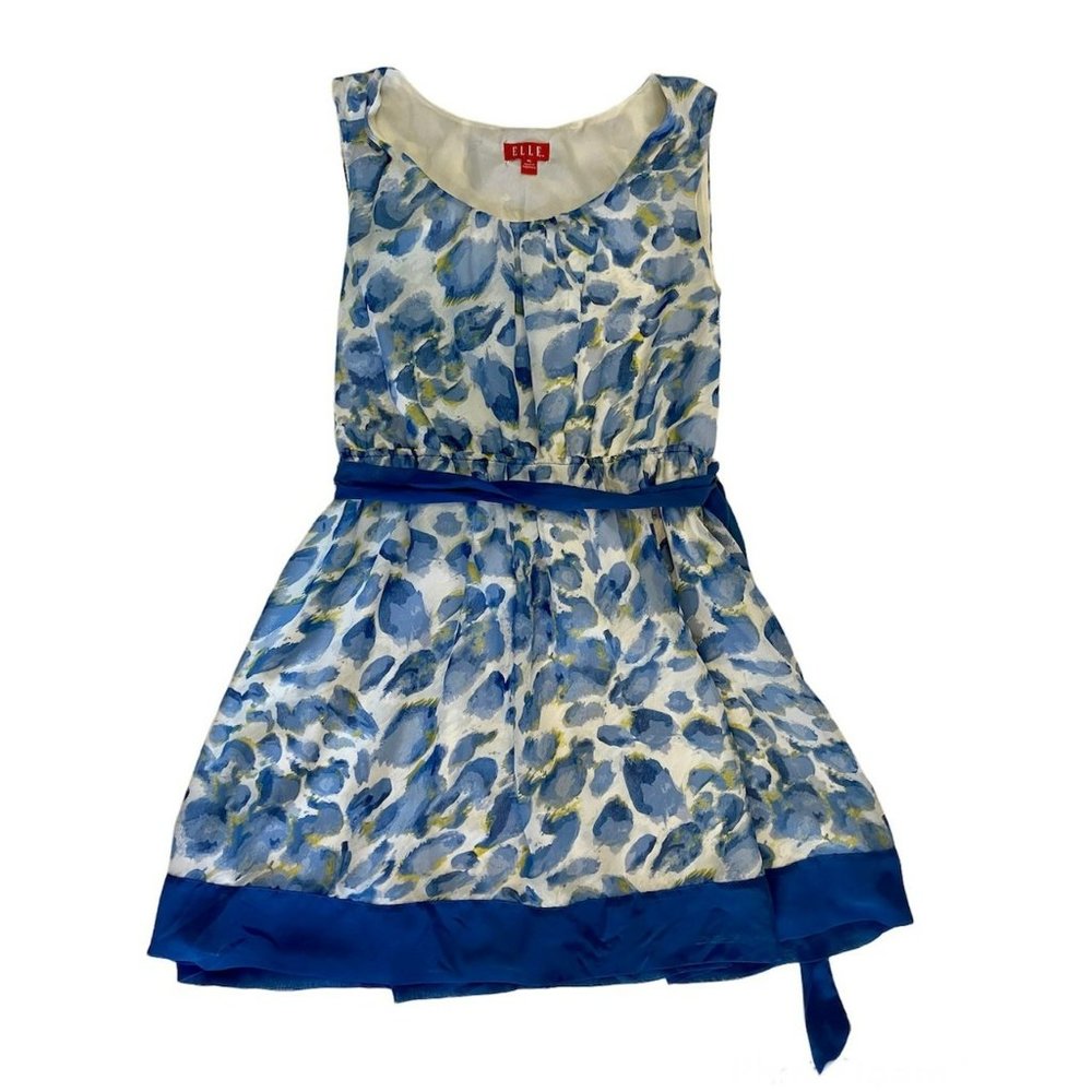 Elle Size XL Blue and White Floral Sleeveless Dress with Blue Sash